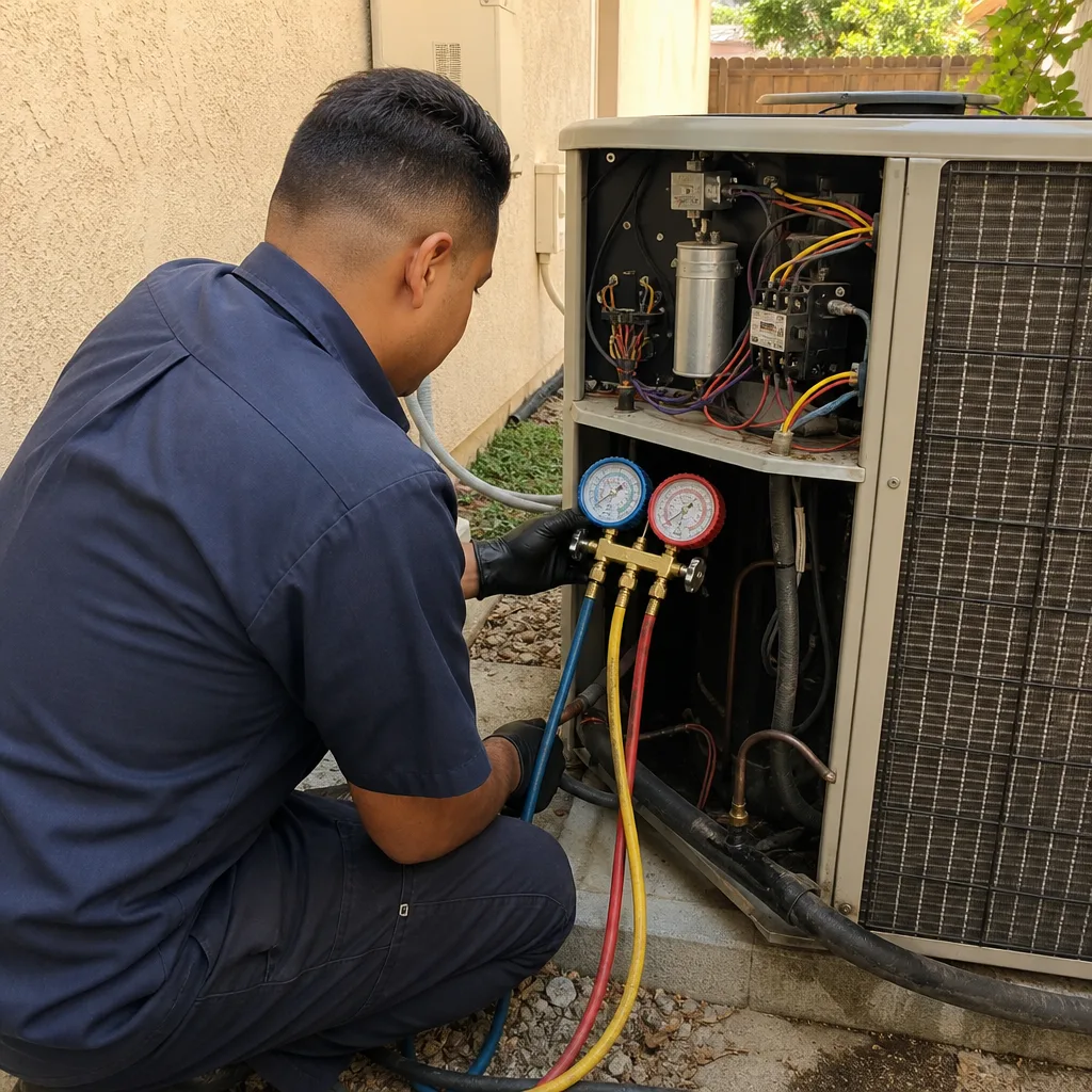 HVAC technician performing professional air conditioning maintenance and diagnostics
