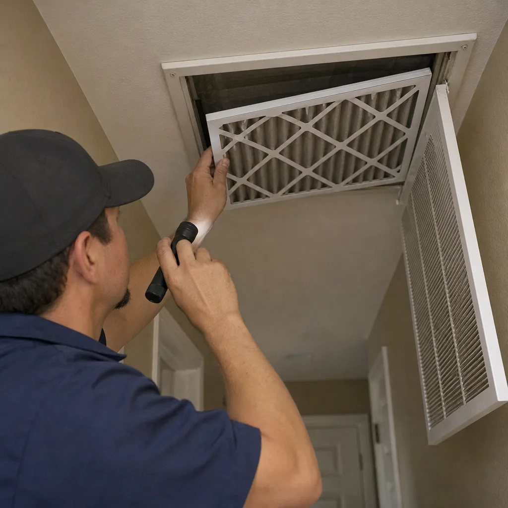 HVAC technician inspecting an air conditioner filter for routine maintenance nationwide