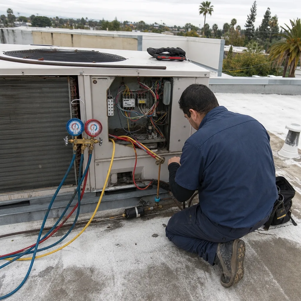 HVAC technician performing professional air conditioning maintenance on a rooftop unit