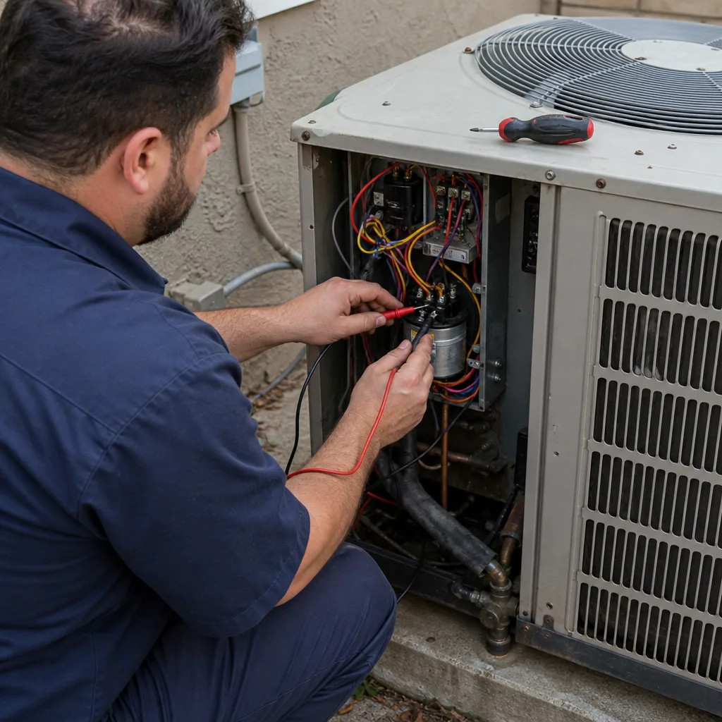 HVAC technician performing electrical diagnostics on an outdoor air conditioning unit nationwide