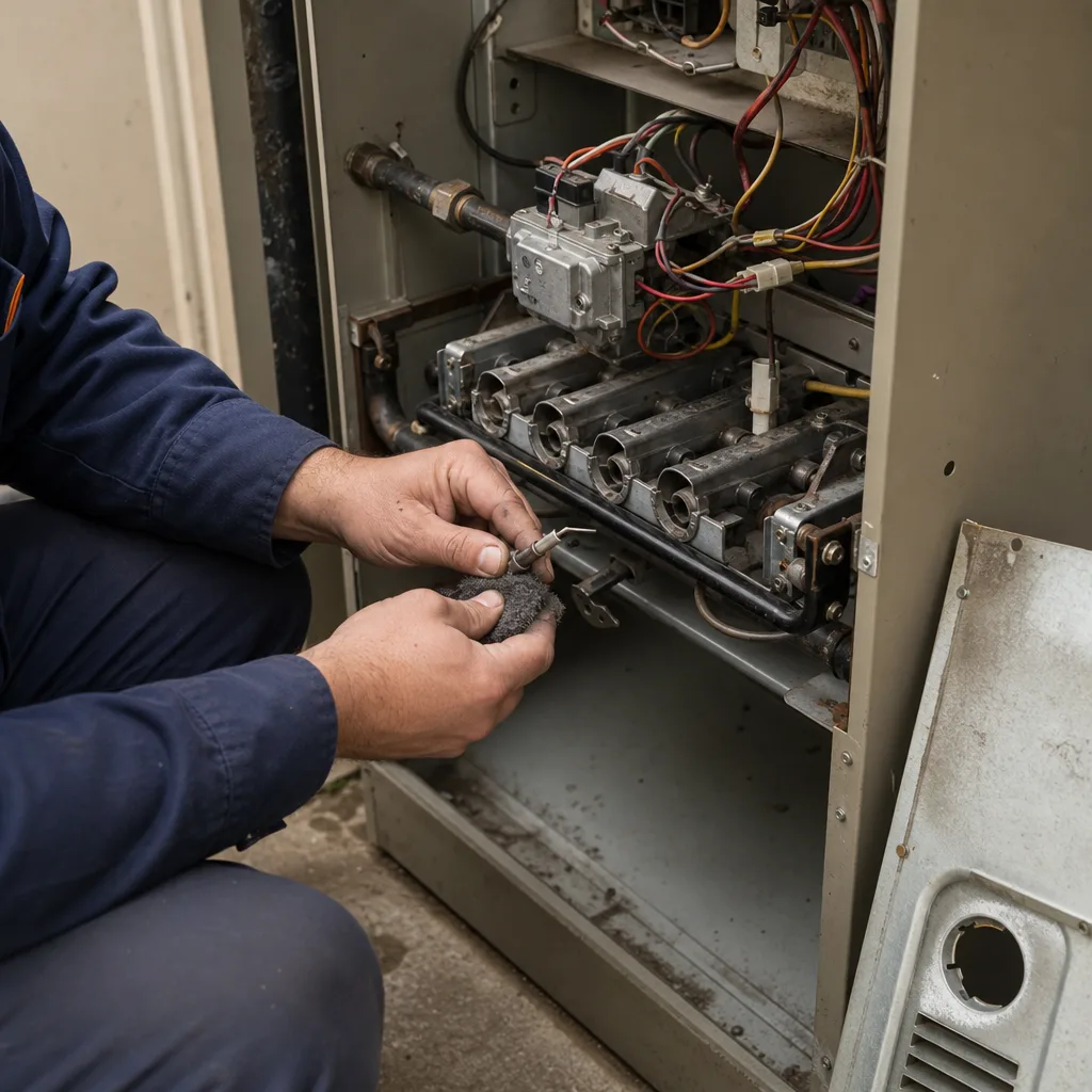 HVAC technician performing professional furnace repair and maintenance